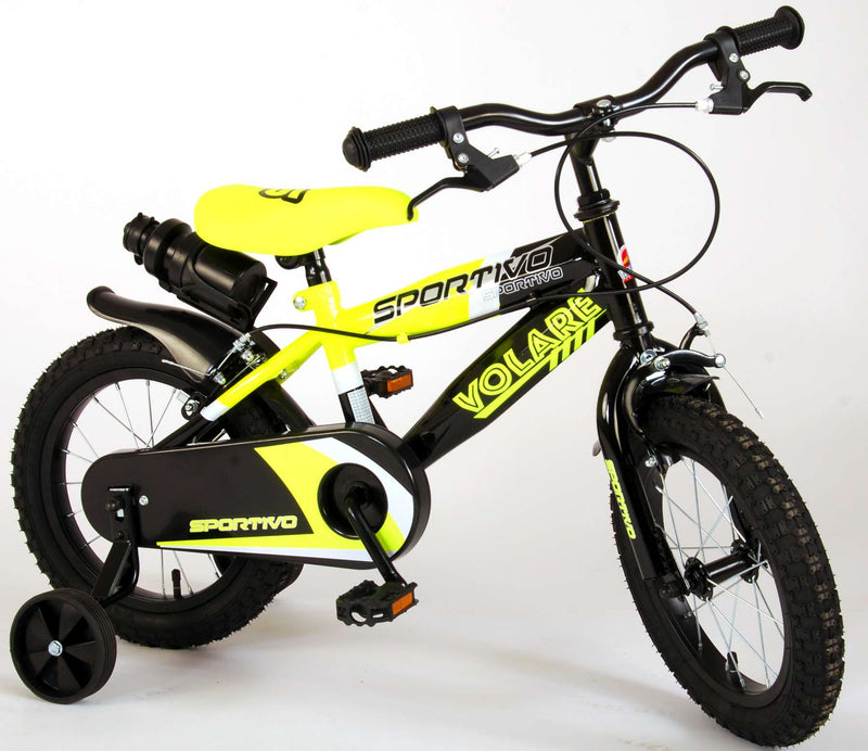 Afbeelding laden in galerijviewer, Volare Sportivo Kinderfiets Jongens 14 inch Neon Geel Zwart Twee Handremmen 95% afgemonteerd