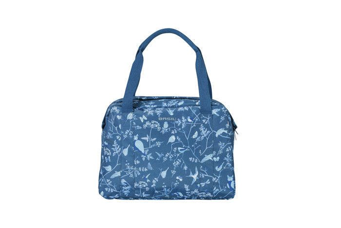 Afbeelding laden in galerijviewer, Basil Wanderlust Carry All Bag - blauwe fietshandtas met vogelprint - waterafstotend - 18L