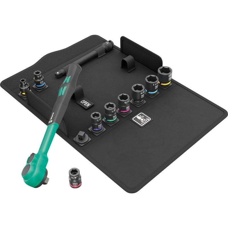 Afbeelding laden in galerijviewer, Wera 8100 sb 13 zyklop comfort ratelset gereedschapsset (zwart groen, omschakelpal, 3 8 aandrijving, imperial, 11‑delig)