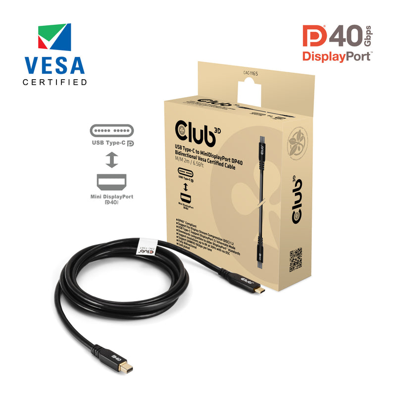 Afbeelding laden in galerijviewer, Club 3d usb-c naar minidisplayport dp40 bidirectioneel adapter (zwart, 2 meter, vesa-gecertificeerd)