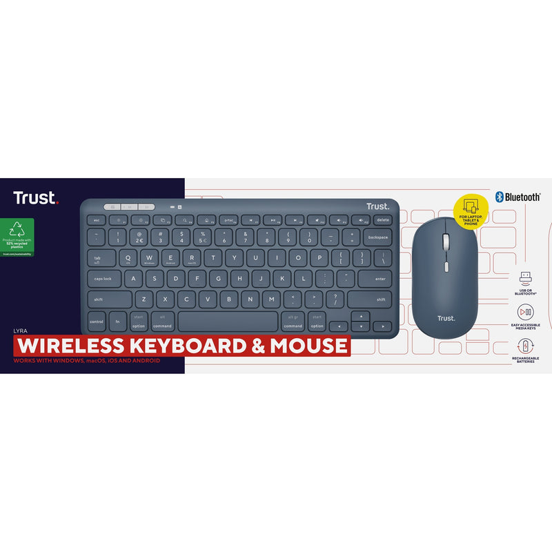 Afbeelding laden in galerijviewer, Trust lyra multi-device wireless keyboard mouse, desktopset (blauw, us lay-out, scissor switches, 800 - 1.600 dpi, 2,4 ghz usb, bluetooth, 65%)