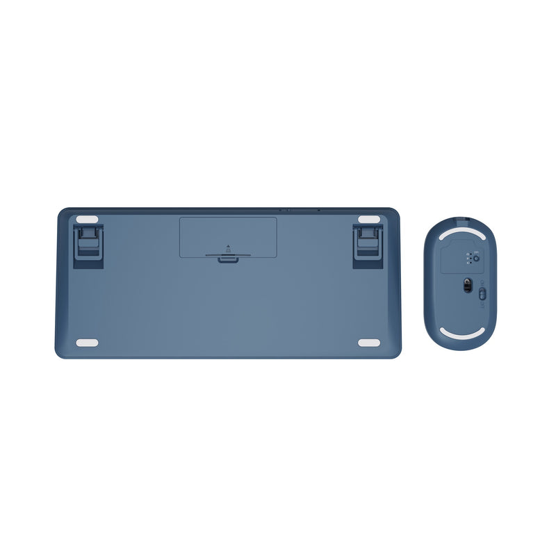 Afbeelding laden in galerijviewer, Trust lyra multi-device wireless keyboard mouse, desktopset (blauw, us lay-out, scissor switches, 800 - 1.600 dpi, 2,4 ghz usb, bluetooth, 65%)