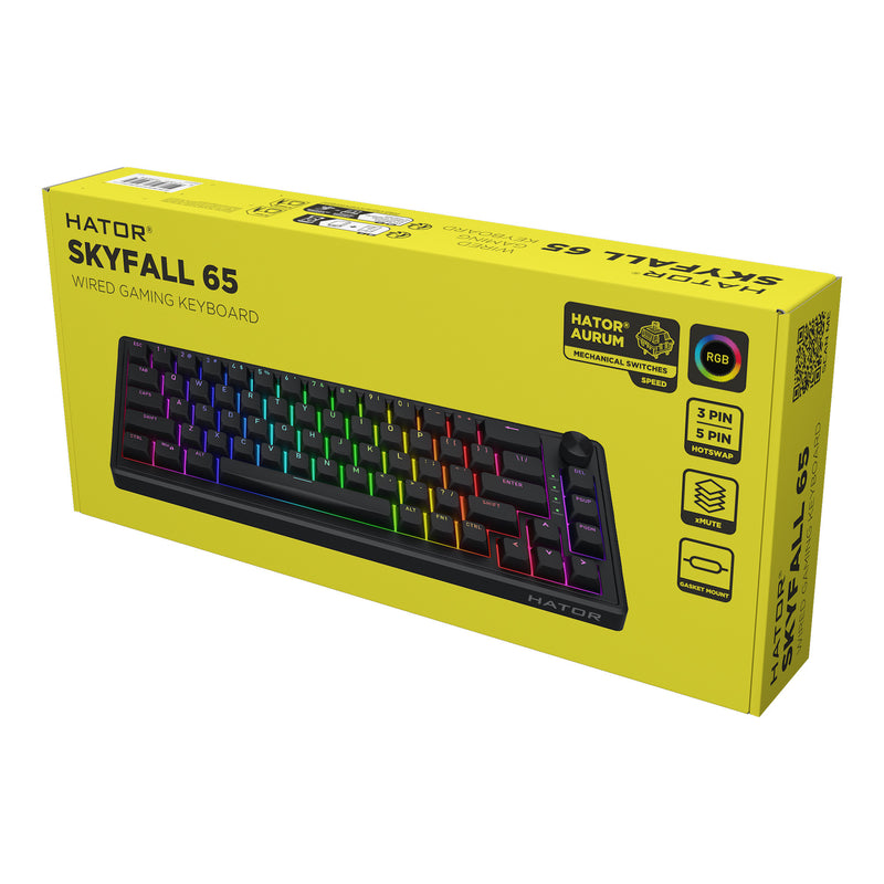 Afbeelding laden in galerijviewer, Hator skyfall wired rgb mechanisch gaming toetsenbord (zwart, us lay-out (qwerty), hator aurum sterling, 65%, rgb, double shot abs, hot-swap)