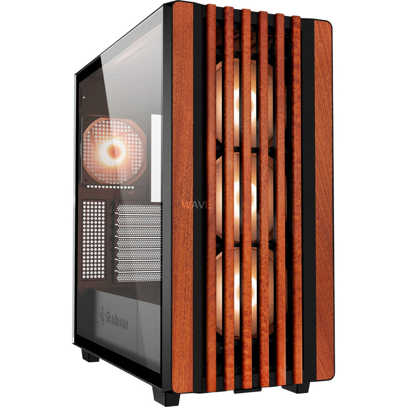 Afbeelding laden in galerijviewer, Sharkoon rebel c70g rgb midi tower behuizing (zwart houtkleur | 2x usb-a | 1x usb-c | rgb | tempered glass)