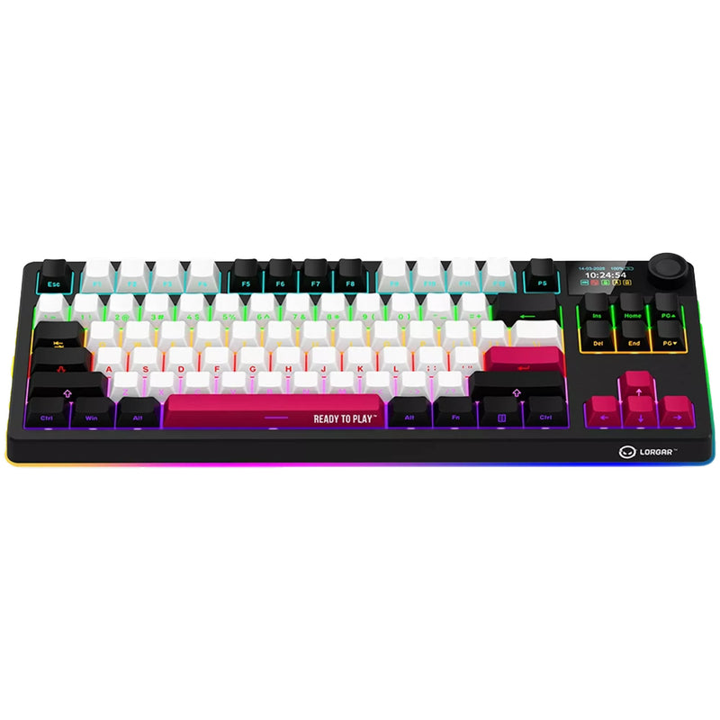 Afbeelding laden in galerijviewer, Lorgar kbp70tklw rgb mechanisch gaming toetsenbord (zwart, us lay-out (qwerty), logar toxic purple, 80% (tkl), rgb, hot-swappable, pbt double-shot, bluetooth | 2.4ghz | usb)
