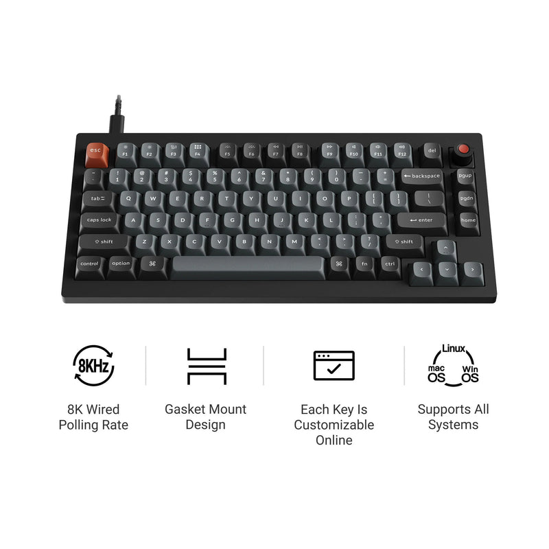Afbeelding laden in galerijviewer, Keychron v1w-d4 8k qmk wired custom mechanical keyboard (zwart, us lay-out (qwerty), super banana, 75%, rgb leds, double-shot pbt, hot swap, 8k, knop)