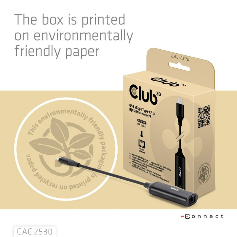 Afbeelding laden in galerijviewer, Club 3d usb-c naar rj45 5gbps ethernet m f adapter (zwart)