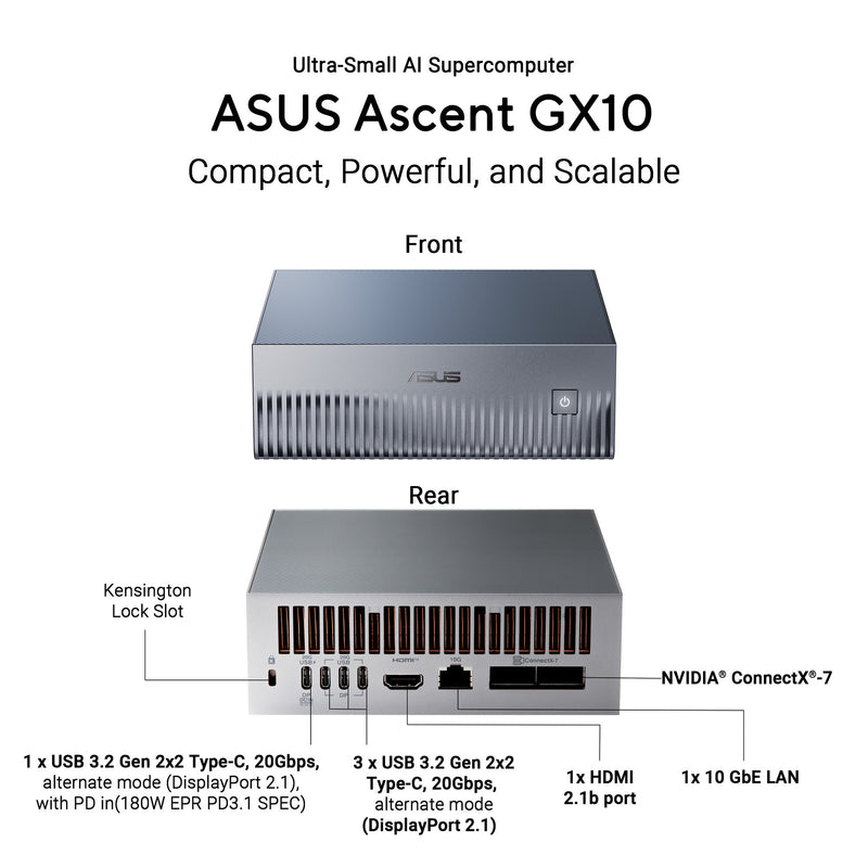 Afbeelding laden in galerijviewer, Asus ascent gx10 arm v9.2-a 128 1 mini-pc (donkergrijs | nvidia gb10 grace blackwell | dgx spark | nvlink-c2c | 128 gb | 1 tb ssd)
