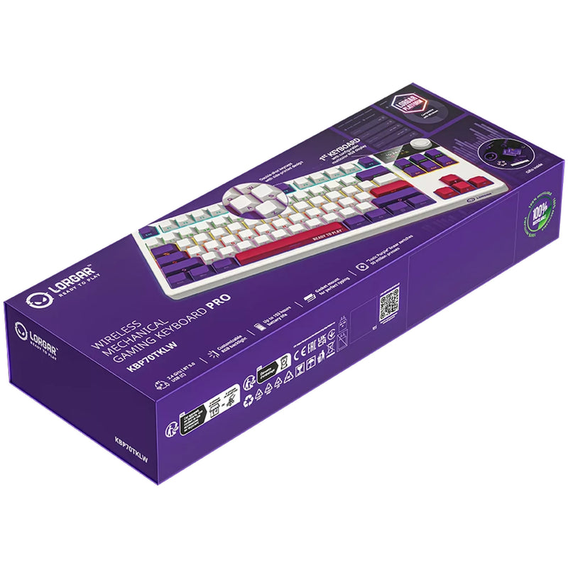 Afbeelding laden in galerijviewer, Lorgar kbp70tklw rgb mechanisch gaming toetsenbord (wit, us lay-out (qwerty), logar toxic purple, 80% (tkl), rgb, hot-swappable, pbt double-shot, bluetooth | 2.4ghz | usb)
