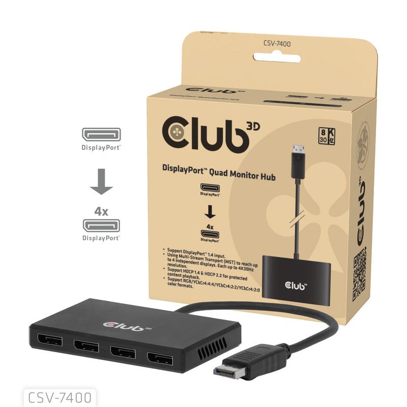 Afbeelding laden in galerijviewer, Club 3d displayport quad monitor hub mst 4x 4k30hz displayport splitter (zwart)