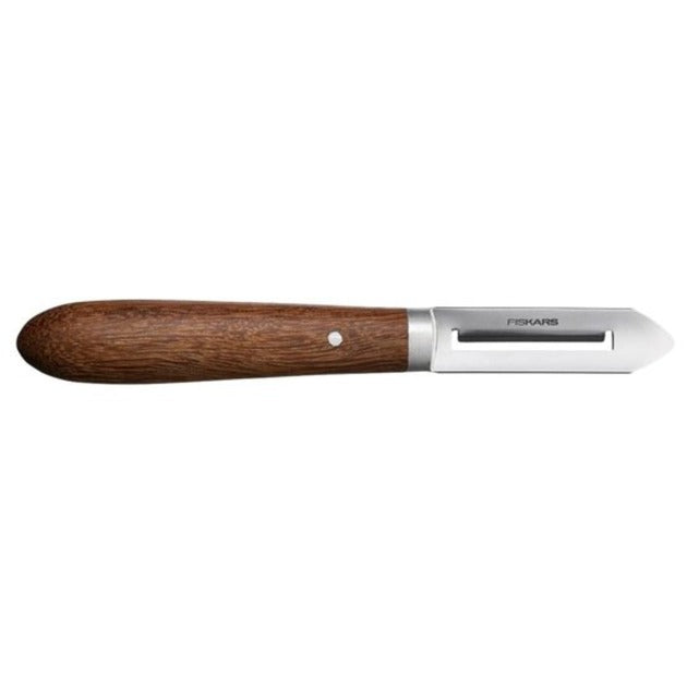 Afbeelding laden in galerijviewer, Fiskars classic schiller links 5 cm mes (houtkleur, dunschiller | fsc-gecertificeerd sucupira hout | rvs)