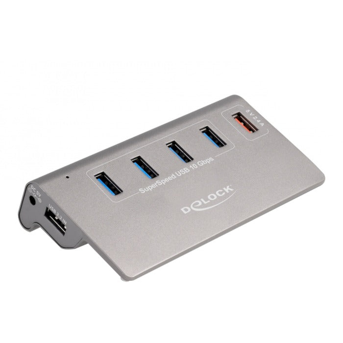 Afbeelding laden in galerijviewer, Delock usb-hub 10 gbps met 4 usb-a + 1 quick charge poort (grijs, incl. voeding)