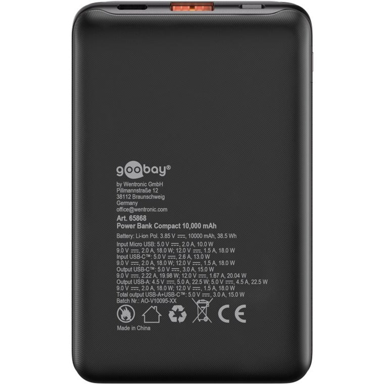 Afbeelding laden in galerijviewer, Goobay powerbank compact 10.000 mah (zwart, 10 ah, 1x usb-a, 1x usb-c, power delivery, quick charge)