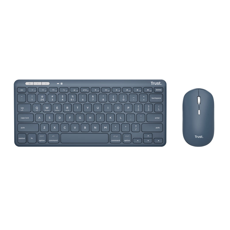 Afbeelding laden in galerijviewer, Trust lyra multi-device wireless keyboard mouse, desktopset (blauw, us lay-out, scissor switches, 800 - 1.600 dpi, 2,4 ghz usb, bluetooth, 65%)