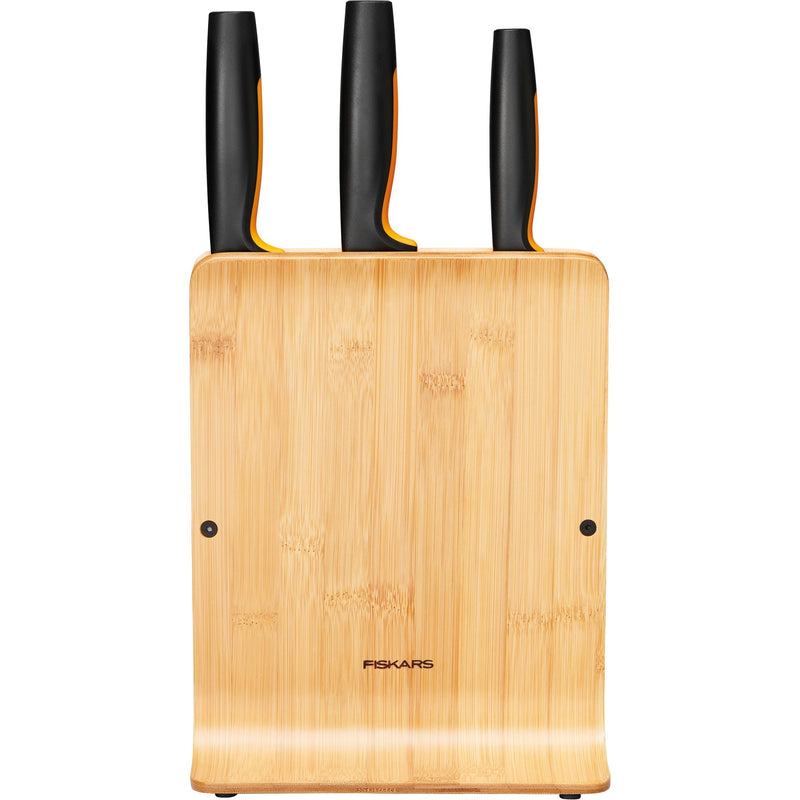 Afbeelding laden in galerijviewer, Fiskars functional form bamboe messenblok met 3 messen (meerkleurig, japans roestvrij staal | handvat met softgrip)