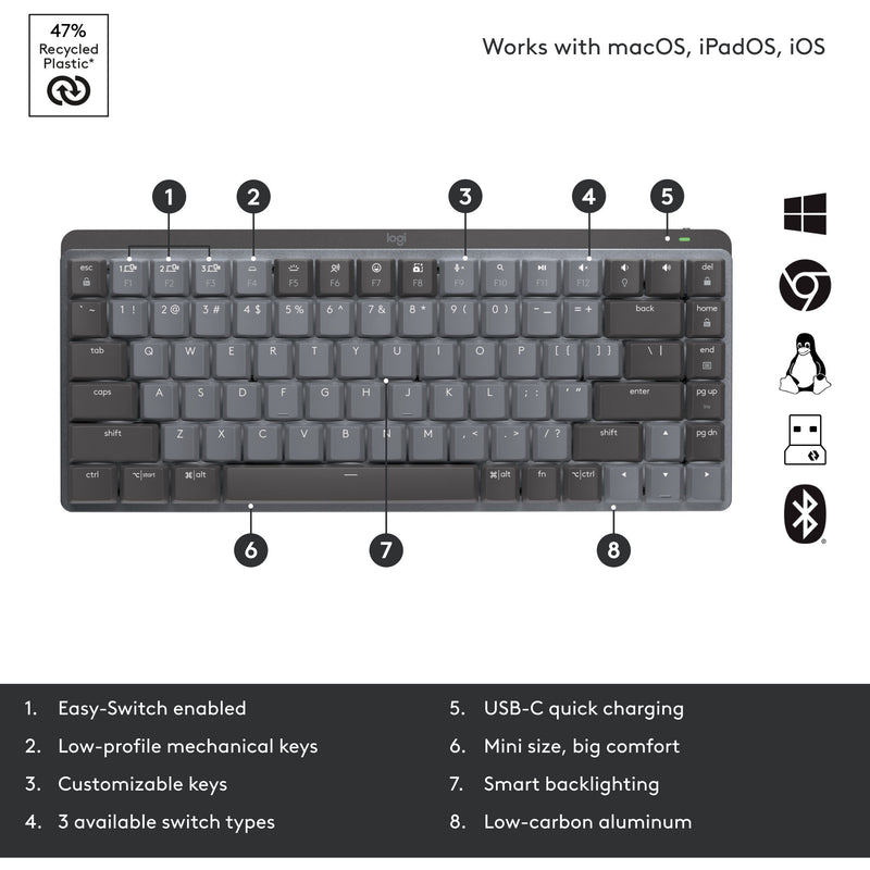 Afbeelding laden in galerijviewer, Logitech mx mechanical mini toetsenbord (zwart, us-international lay-out (qwerty), gl tactile, 80% (tkl), bluetooth)