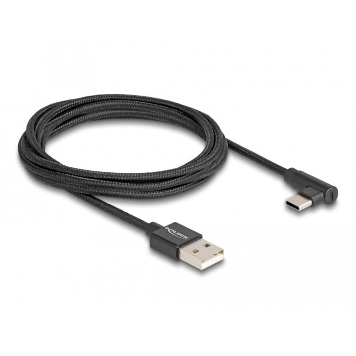 Afbeelding laden in galerijviewer, Delock usb-a 2.0 male > usb-c male kabel (zwart, 2 meter, gesleeved, 90°)
