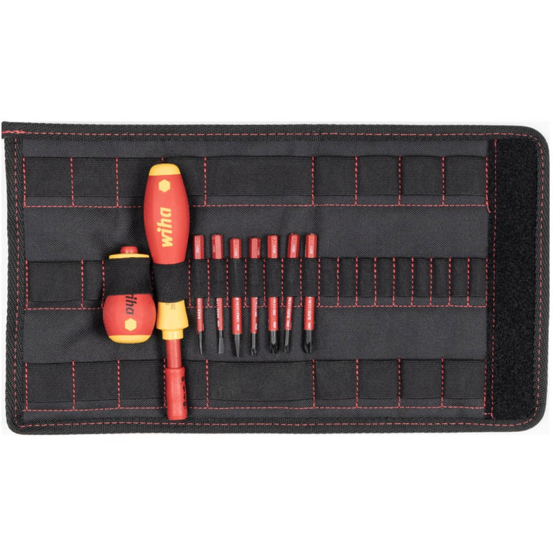 Afbeelding laden in galerijviewer, Wiha schroevendraaier en bitset slimvario (rood geel, sleufkop, pozidriv, plusmin pozidriv 10-delig incl. opvouwbaar etui)