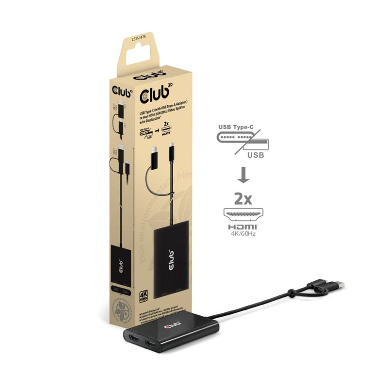 Afbeelding laden in galerijviewer, Club 3d usb-c naar usb-a adapter naar 2x hdmi splitter (zwart, displaylink)