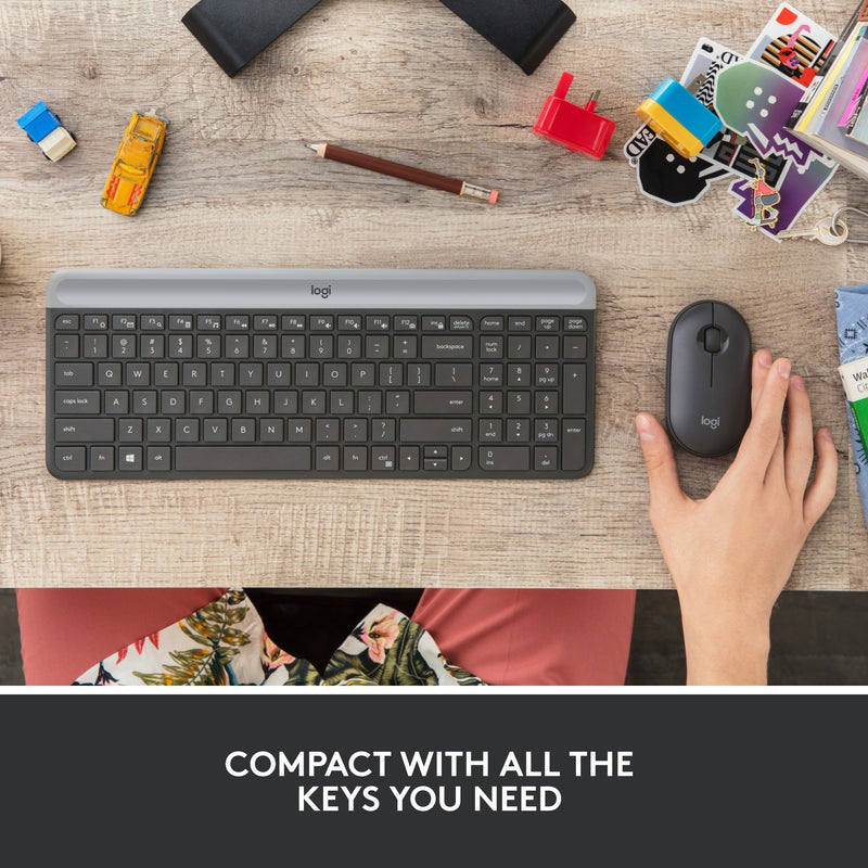Afbeelding laden in galerijviewer, Logitech mk470 slim draadloze desktopset (zwart, us-international lay-out (qwerty), scissor switches, 100%, 1000 dpi)