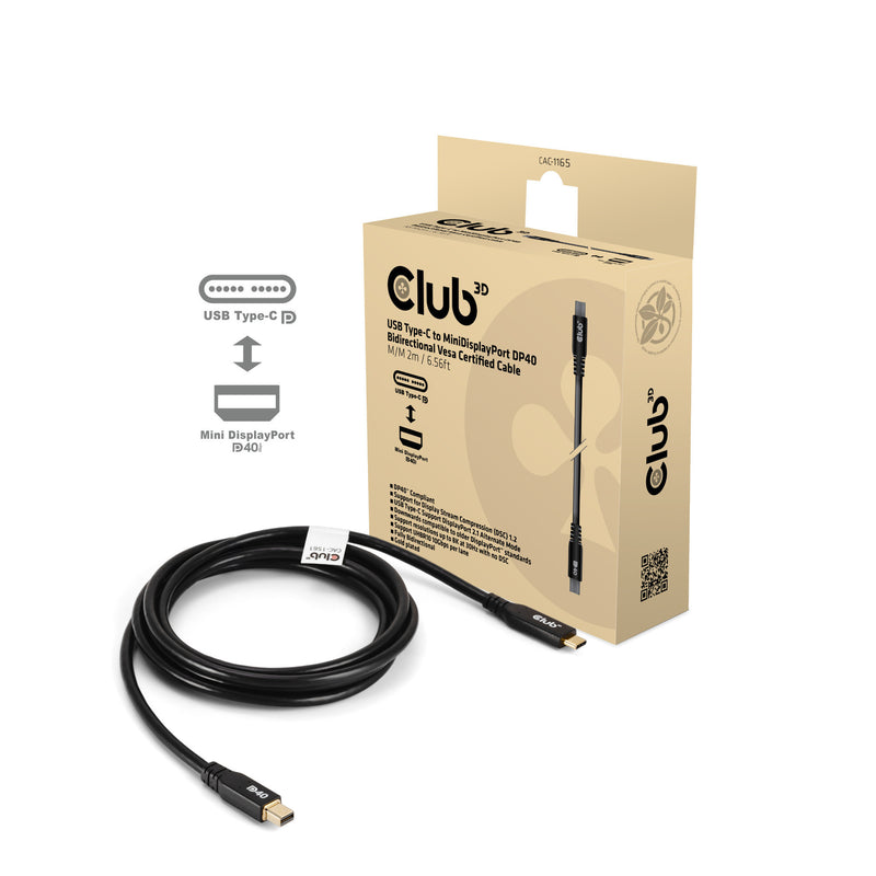 Afbeelding laden in galerijviewer, Club 3d usb-c naar minidisplayport dp40 bidirectioneel adapter (zwart, 2 meter, vesa-gecertificeerd)