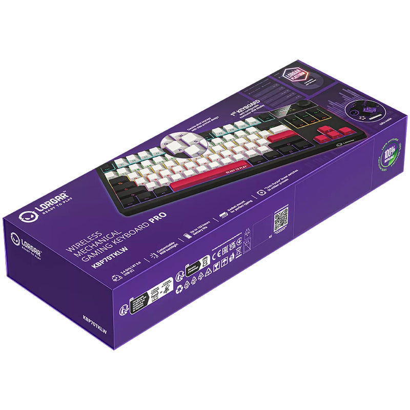 Afbeelding laden in galerijviewer, Lorgar kbp70tklw rgb mechanisch gaming toetsenbord (zwart, us lay-out (qwerty), logar toxic purple, 80% (tkl), rgb, hot-swappable, pbt double-shot, bluetooth | 2.4ghz | usb)