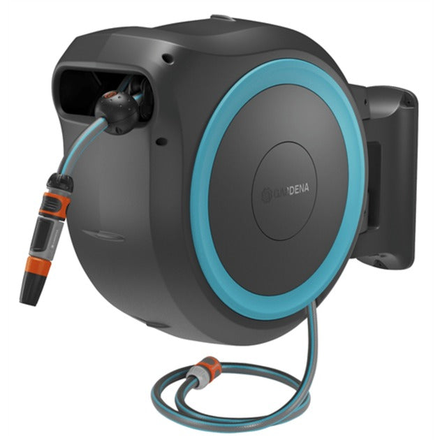 Afbeelding laden in galerijviewer, Gardena 35 m wand-slangenbox powerroll xl slanghaspel (grijs turquoise, 35 meter, accu en oplader inbegrepen, power for all alliance)