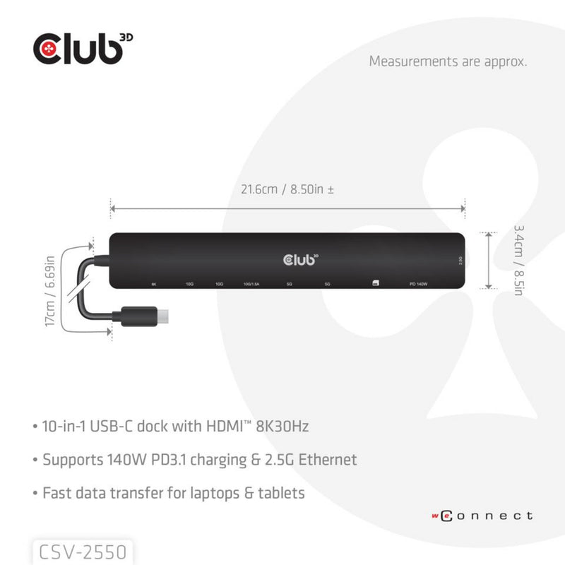 Afbeelding laden in galerijviewer, Club 3d 10-1 portable dock usb type-c 10gbps to hdmi 8k30hz pd3.1 max.140 watt dockingstation (zwart, hdmi, usb-c, lan)
