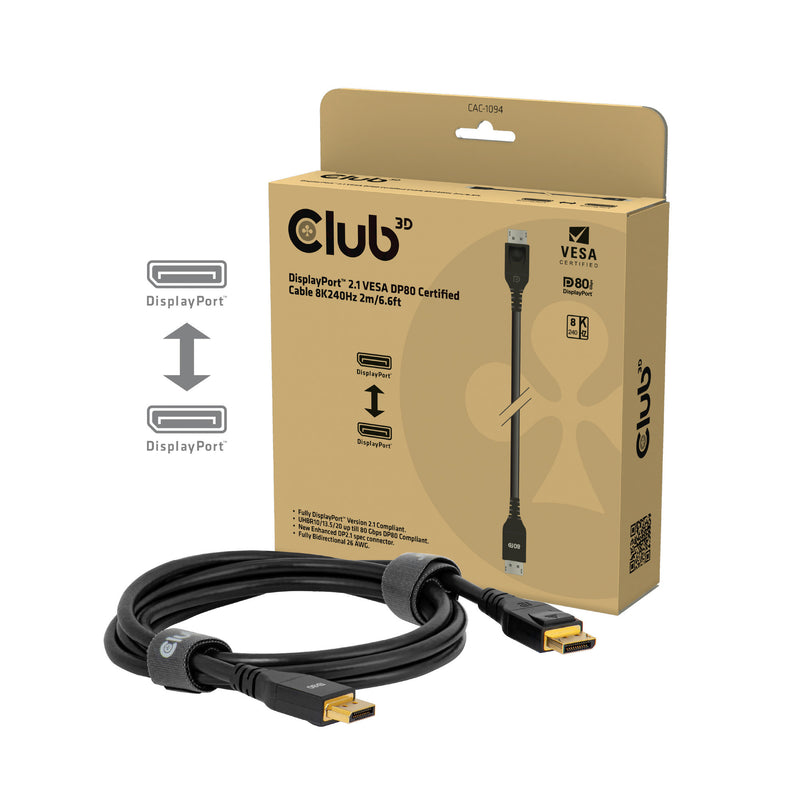 Afbeelding laden in galerijviewer, Club 3d gecertificeerde displayport 2.1 kabel (zwart, 2 meter, 10k)