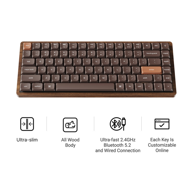 Afbeelding laden in galerijviewer, Keychron k3 max-h1w all-wood special edition rgb mechanisch toetsenbord (houtkleur, us lay-out (qwerty), milk pom red, 75%, rgb leds, double-shot pbt, hot swap, 2.4ghz | bluetooth 5.1 | usb-c)