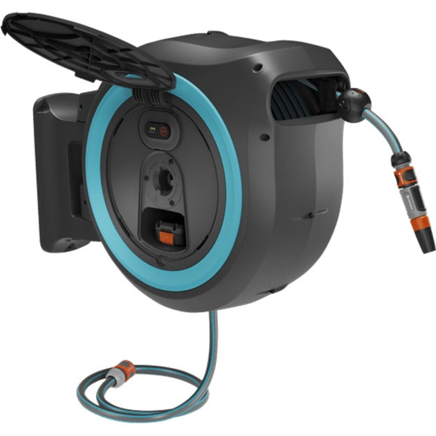 Afbeelding laden in galerijviewer, Gardena 35 m wand-slangenbox powerroll xl slanghaspel (grijs turquoise, 35 meter, accu en oplader inbegrepen, power for all alliance)