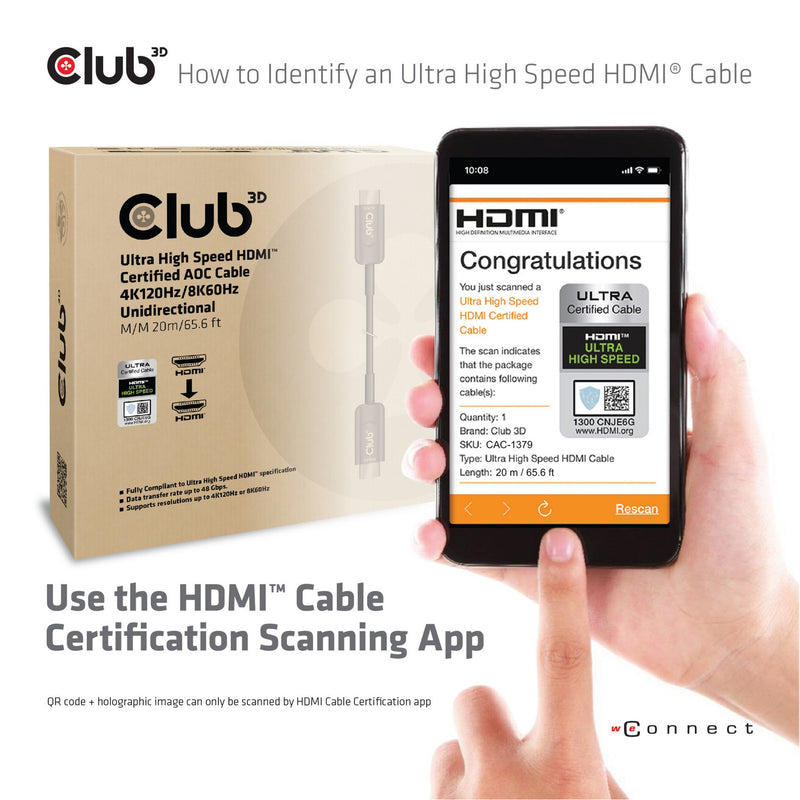 Afbeelding laden in galerijviewer, Club 3d ultra high speed aoc hdmi 2.1 gecertificeerde unidirectioneel kabel male-male (zwart, 20 meter, 4k 120hz, 8k 60hz, 48gbps)