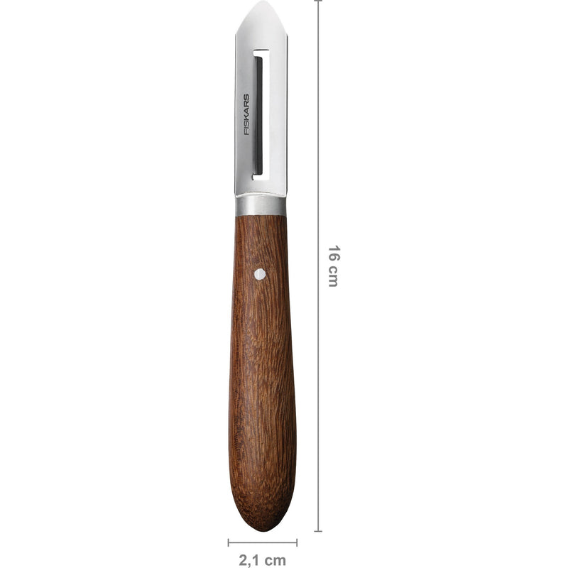 Afbeelding laden in galerijviewer, Fiskars classic schiller links 5 cm mes (houtkleur, dunschiller | fsc-gecertificeerd sucupira hout | rvs)