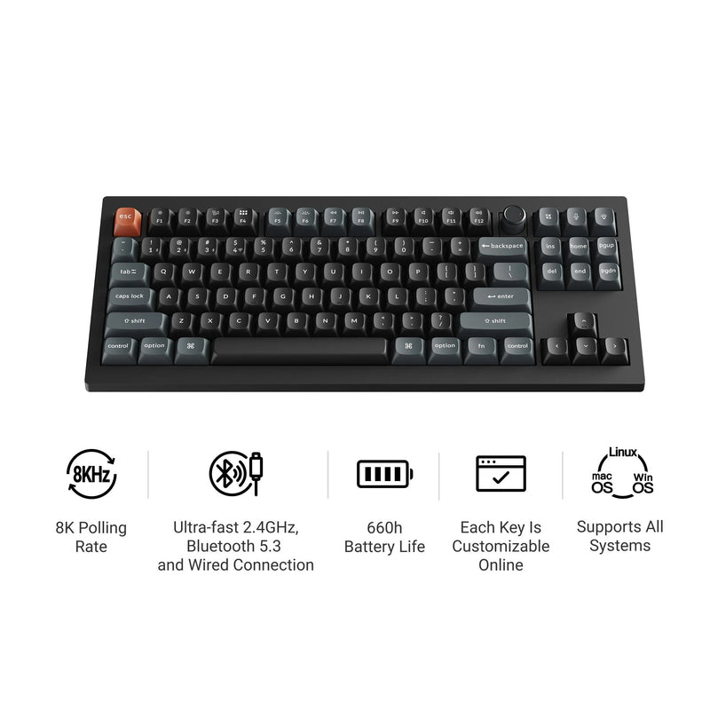 Afbeelding laden in galerijviewer, Keychron v3 ultra 8k wireless custom mechanical keyboard (zwart, us lay-out (qwerty), silk pom banana, 80% (tkl), rgb, hot swap, 2.4 ghz | bluetooth 5.3 | usb-c)