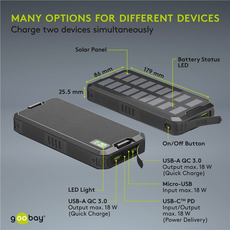 Afbeelding laden in galerijviewer, Goobay outdoor solar power bank 20,000 mah with power delivery powerbank (zwart)