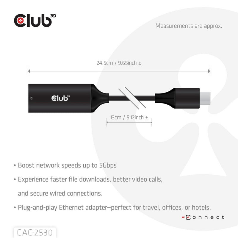 Afbeelding laden in galerijviewer, Club 3d usb-c naar rj45 5gbps ethernet m f adapter (zwart)