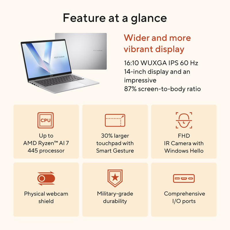 Afbeelding laden in galerijviewer, Asus vivobook 14 m1407ga-ly012w 14 copilot+ laptop (zilver | ryzen ai 7 445 | radeon 840m | 16 gb | 512 gd ssd)