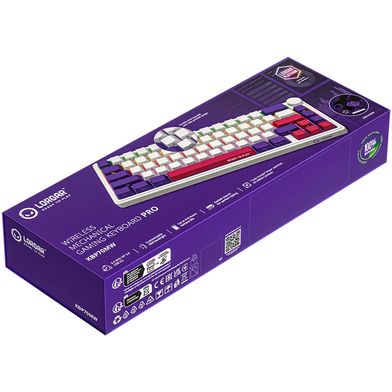 Afbeelding laden in galerijviewer, Lorgar kbp70mw rgb mechanisch gaming toetsenbord (wit, us lay-out (qwerty), logar toxic purple, 65%, rgb, hot-swappable, pbt double-shot, bluetooth | 2.4ghz | usb)