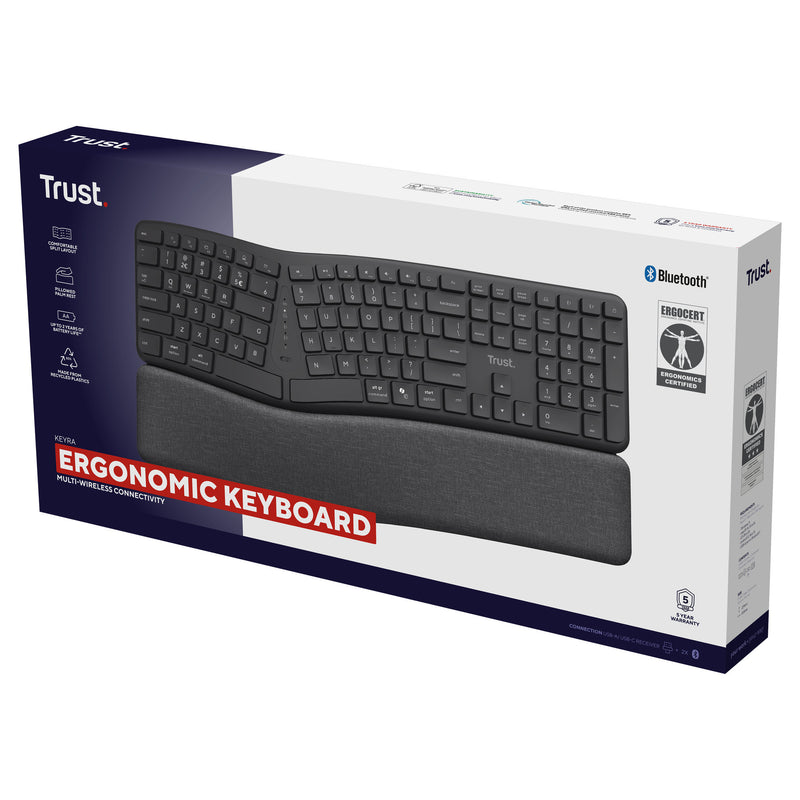 Afbeelding laden in galerijviewer, Trust keyra ergonomisch draadloos toetsenbord (zwart, us lay-out (qwerty), 100%, 2.4 ghz usb | bluetooth)