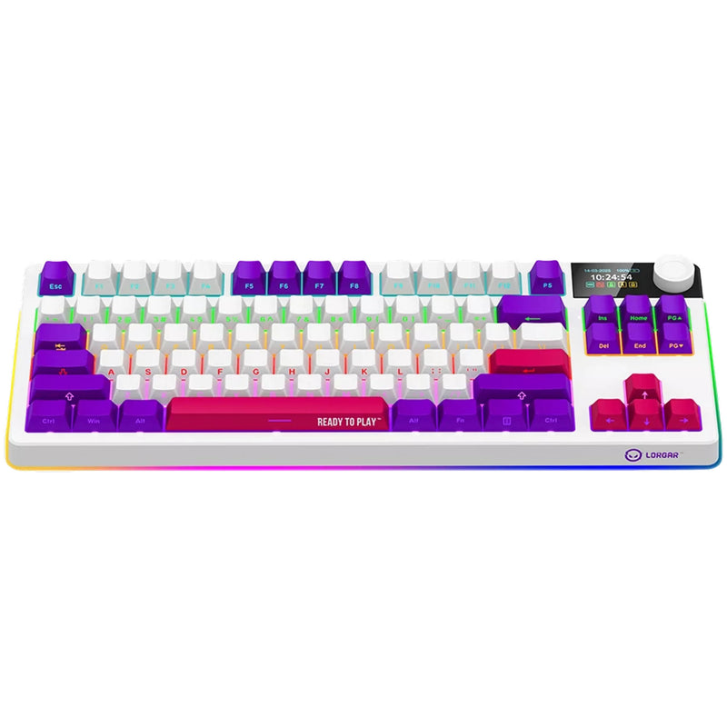 Afbeelding laden in galerijviewer, Lorgar kbp70tklw rgb mechanisch gaming toetsenbord (wit, us lay-out (qwerty), logar toxic purple, 80% (tkl), rgb, hot-swappable, pbt double-shot, bluetooth | 2.4ghz | usb)