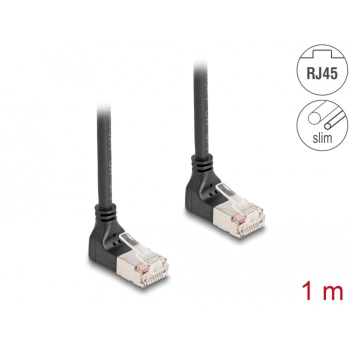 Afbeelding laden in galerijviewer, Delock rj45 network cable cat.6a s ftp slim 90° upwards upwards angled 1 m kabel (zwart)