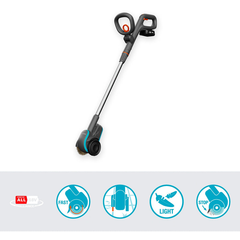Afbeelding laden in galerijviewer, Gardena easyweed accu-onkruidborstel 1800 18v p4a gebruiksklare set onkruidverwijderaar (grijs turquoise, accu en oplader inbegrepen, power for all alliance)
