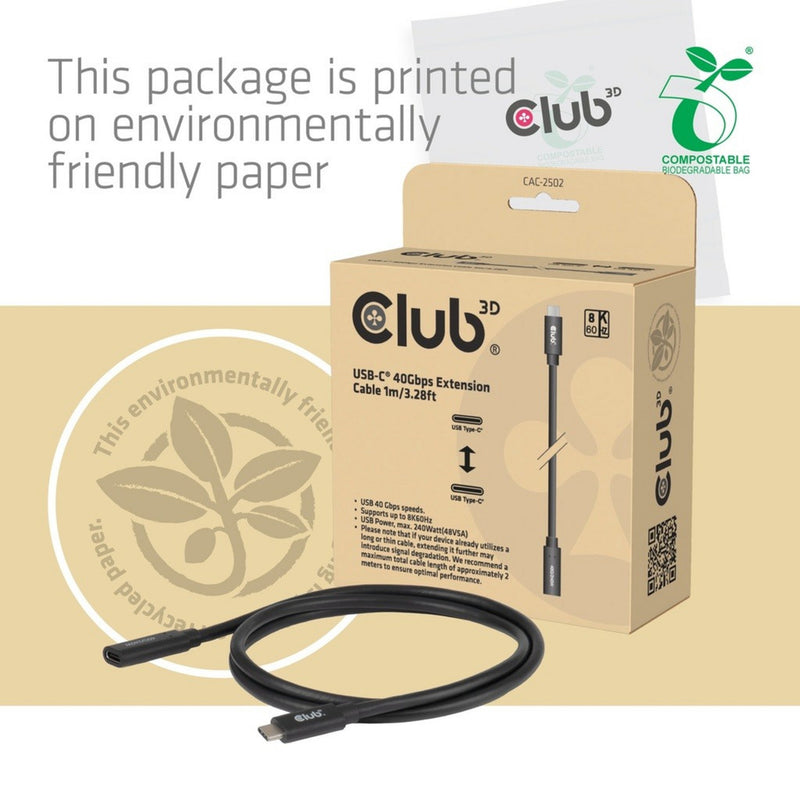Afbeelding laden in galerijviewer, Club 3d usb-c 40 gbps verlengkabel (zwart, 1 meter, 8k 60hz, pd 240 watt)