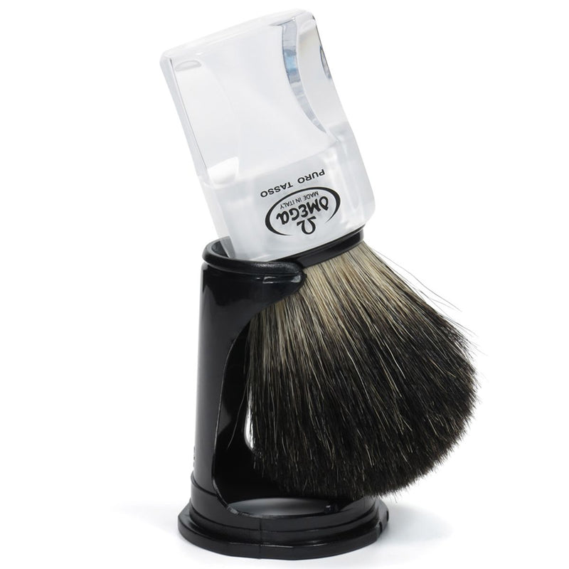 Afbeelding laden in galerijviewer, Omega scheerkwast 100% black badger transparant + standaard 11cm