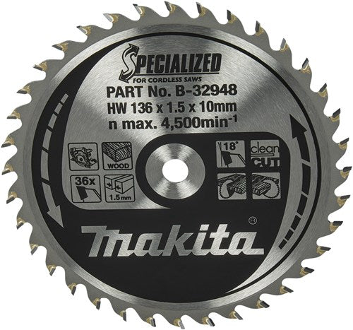 Afbeelding laden in galerijviewer, Makita accessoires makita cirkelzaagblad voor hout | specialized: accu | ø 136mm asgat 10mm 36t - b-32948