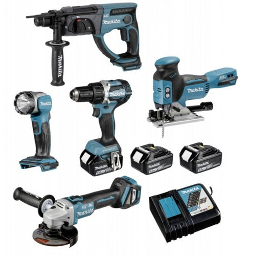 Afbeelding laden in galerijviewer, Makita dlx5044tj | lxt accu combiset 18v boorhamer + decoupeerzaag + haakse slijper + lamp + boormachine in koffer (3x 5.0ah accu + lader) - dlx5044tj