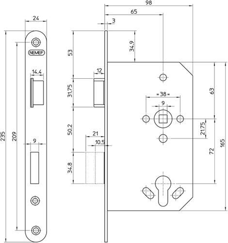 Afbeelding laden in galerijviewer, Nemef 1769 23 rs deurslot | dm65mm | pc72mm | voorplaat staal verzinkt 24x235mm afgerond | staal verzinkte dag- en nachtschoot | 2 toers | dr 1+3 - 9176923651