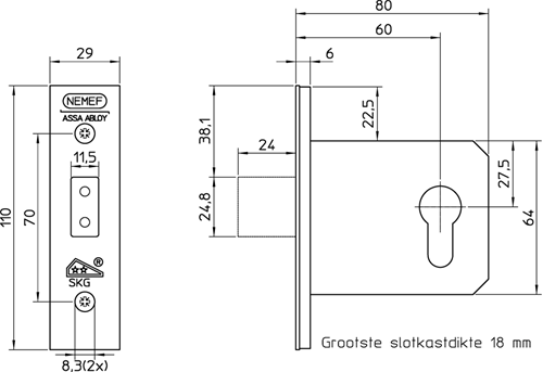 Afbeelding laden in galerijviewer, Nemef 4328 veiligheidsbijzetslot | skg** | dm60mm | voorplaat rvs siervoorplaat 29x110mm rechthoekig | dr 1+2+3+4 - 9432817600