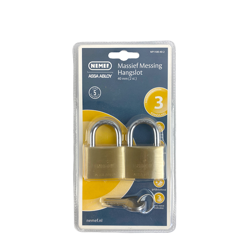 Afbeelding laden in galerijviewer, Nemef massief messing hangslot 40mm 2 stuks