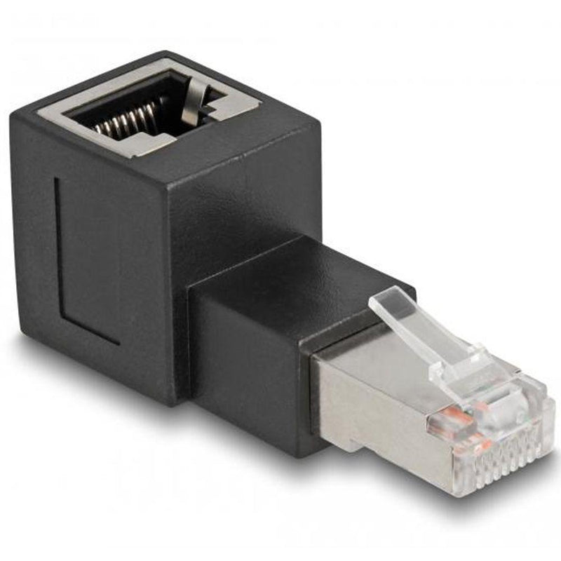 Afbeelding laden in galerijviewer, Delock rj45 plug to rj45 jack adapter cat.6a 90° upwards angled (zwart)